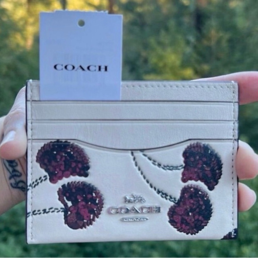 COACH Slim Id Card Case Leather Cardholder w Sequin Cherry Print CDG88 NWT